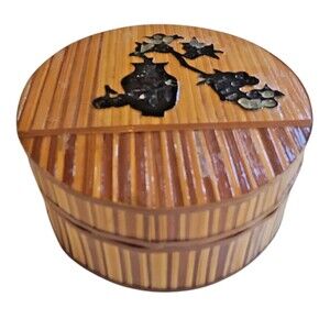 Vintage Chinese Bamboo Wood Inlay Vase Grapes Vine Trinket Jewelry Box Lined